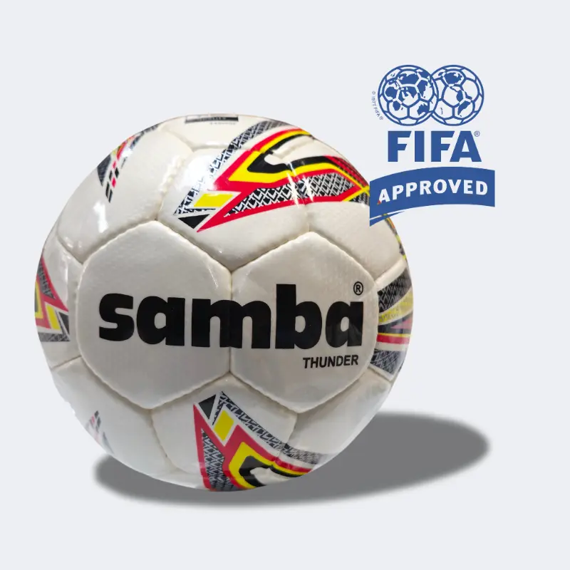 Samba Thunder Hand-Stitched Hard Ground Soccer Ball featuring the Samba name with FIFA Approved logo.