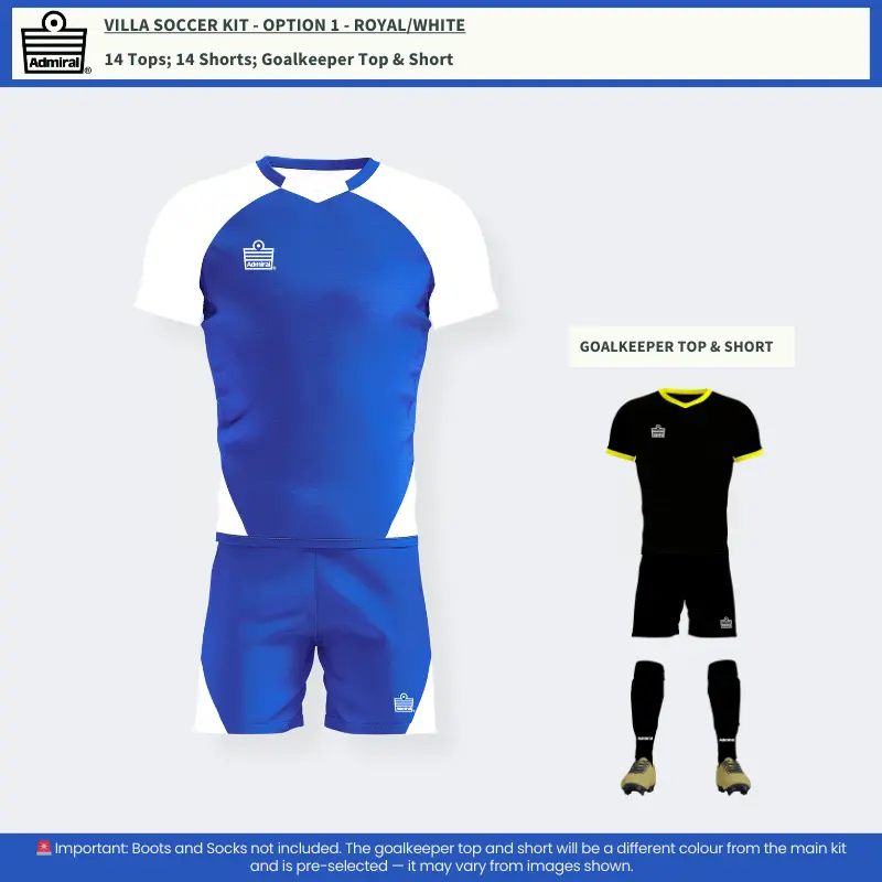 Villa Soccer Kit Royal-White Option 1 with 14 tops and shorts, plus goalkeeper set