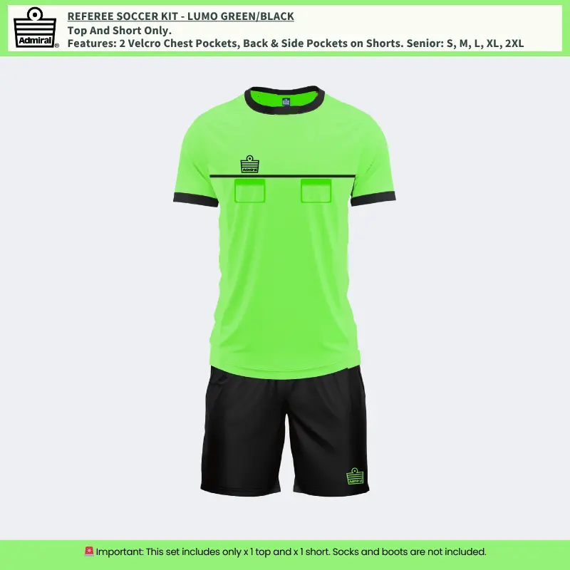 Referee Soccer Kit in Lumo Green and Black – front and short view
