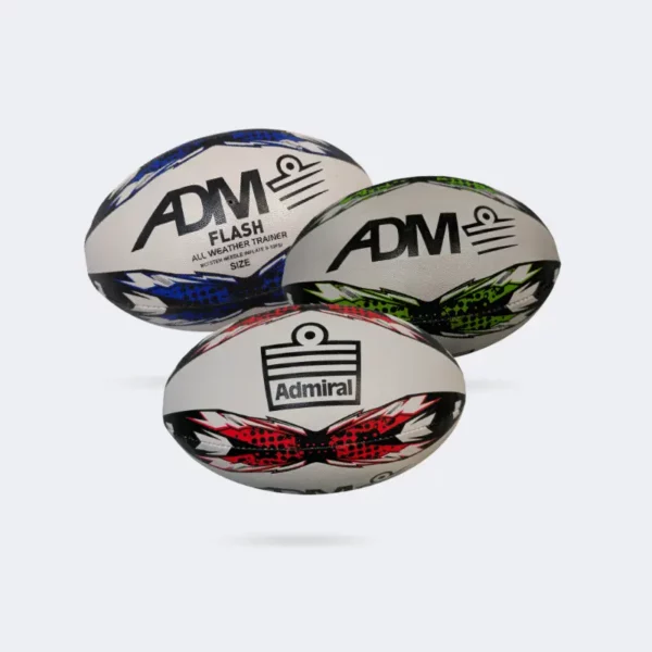 Admiral Flash Rugby Ball – Colour Variants Admiral Flash Rugby Ball in white-blue, white-green, and white-red color options