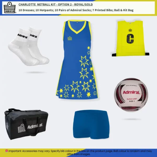 Charlotte Netball Kit Option 2 Royal-Gold
