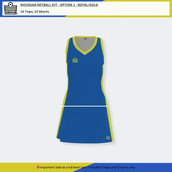 Michigan Netball Kit Option 1 Royal/Gold Michigan Netball Kit Option 1 Royal/Gold