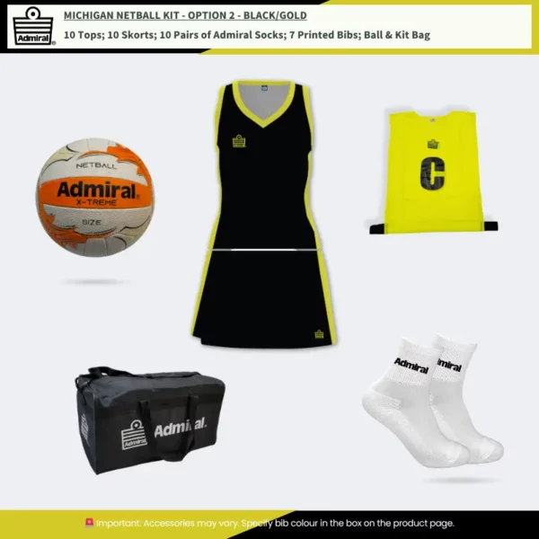 Michigan Netball Kit Option 2 Black/Gold Michigan Netball Kit Option 2 Black/Gold
